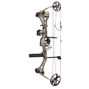 a high-performance archery bow with a sleek and modern design. The bow is shown in a neutral background, with the limbs and cams prominently featured. The Bear Archery logo is visible on the riser