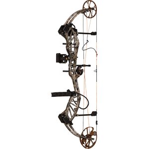 Bear Approach archery bow, black with green accents, held by a hunter in a natural environment