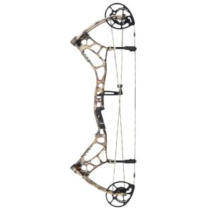 Bear Agenda 6 archery bow, black with green accents, held by a hunter in a natural environment